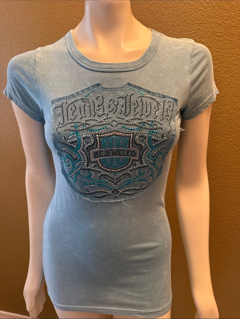 Y2K Vintage Bejeweled Embellished Graphic Tee in Light Blue